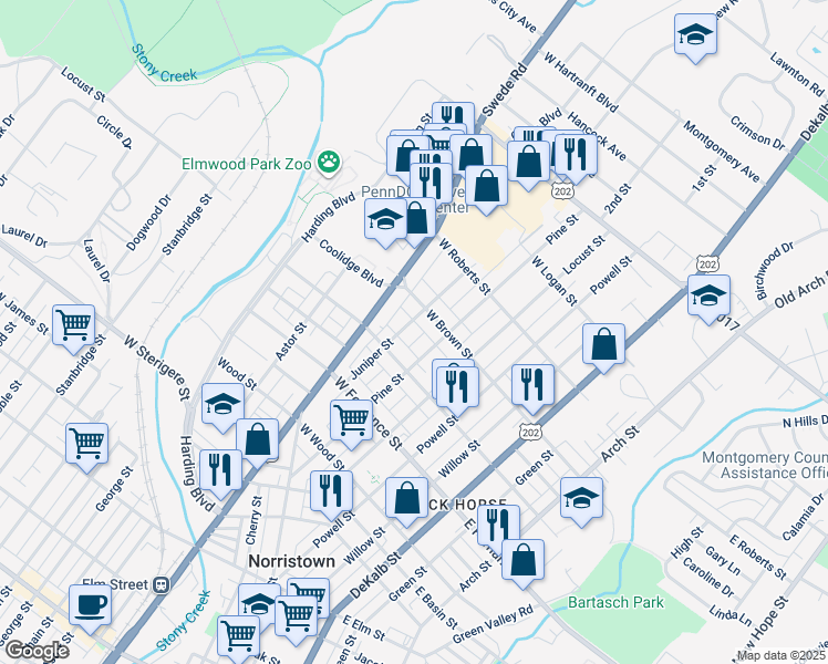 map of restaurants, bars, coffee shops, grocery stores, and more near 1531 Pine Street in Norristown
