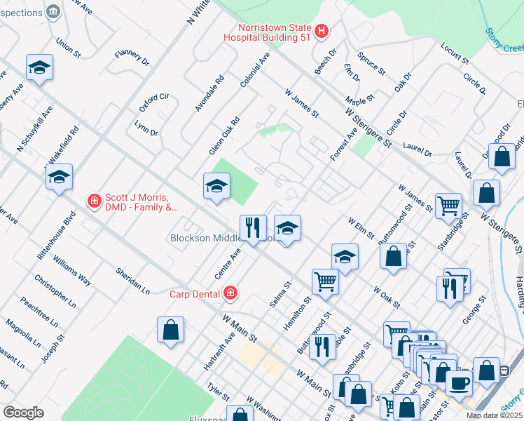map of restaurants, bars, coffee shops, grocery stores, and more near 205 Centre Avenue in Eagleville