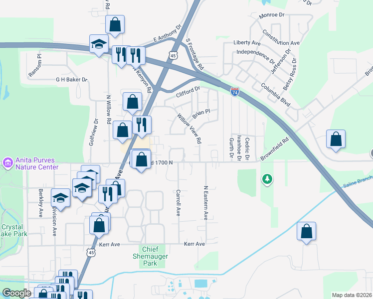map of restaurants, bars, coffee shops, grocery stores, and more near 504 Spring Circle in Urbana