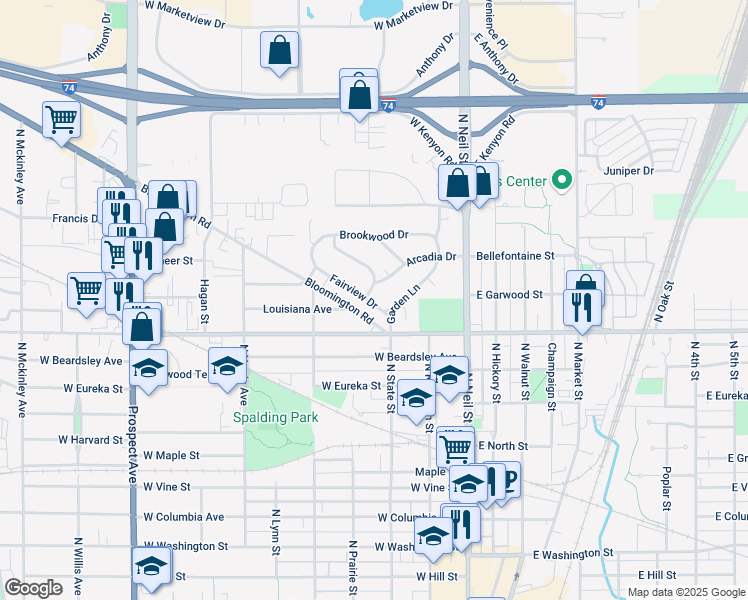 map of restaurants, bars, coffee shops, grocery stores, and more near 309 Fairview Drive in Champaign