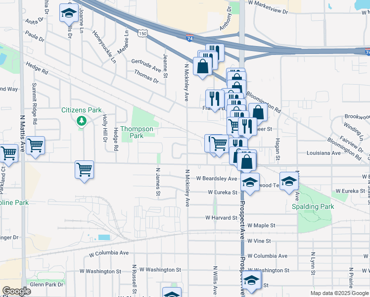map of restaurants, bars, coffee shops, grocery stores, and more near 1208 Providence Circle in Champaign