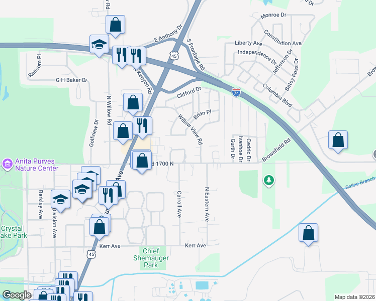 map of restaurants, bars, coffee shops, grocery stores, and more near 504 Spring Circle in Urbana