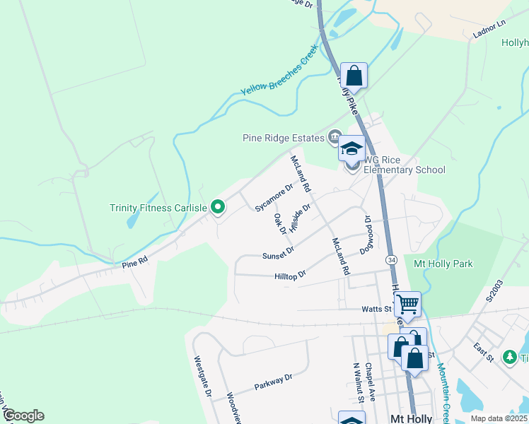 map of restaurants, bars, coffee shops, grocery stores, and more near 115 Sycamore Drive in Mount Holly Springs