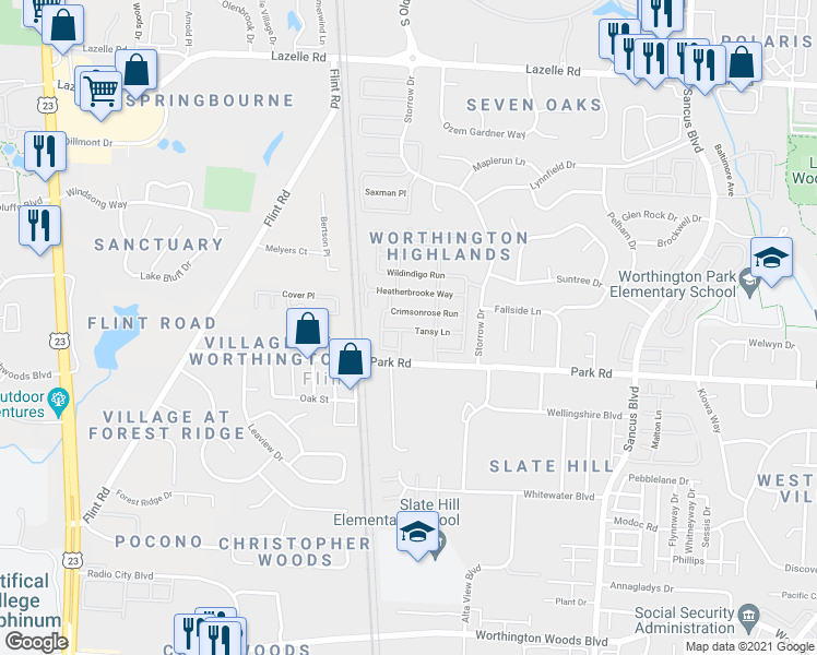 map of restaurants, bars, coffee shops, grocery stores, and more near 548 Tansy Lane in Westerville