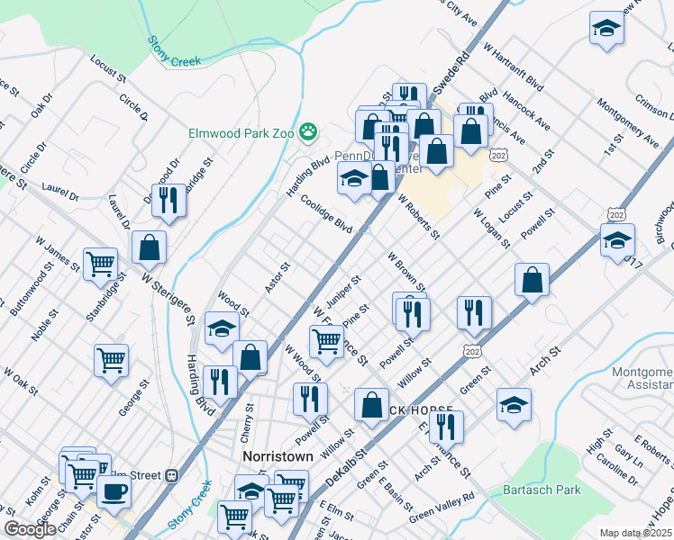 map of restaurants, bars, coffee shops, grocery stores, and more near 1442 Markley Street in Norristown