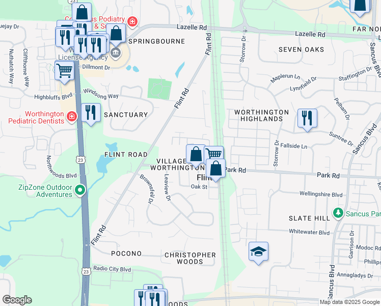 map of restaurants, bars, coffee shops, grocery stores, and more near 7955 Ravine Run Lane in Columbus