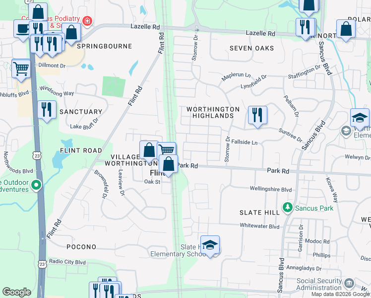 map of restaurants, bars, coffee shops, grocery stores, and more near 530 Tansy Lane in Westerville