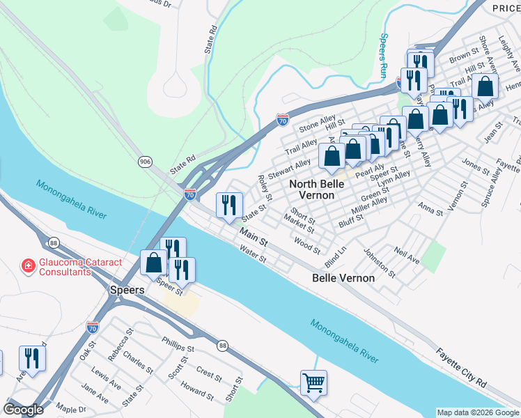 map of restaurants, bars, coffee shops, grocery stores, and more near 128 State Street in Belle Vernon