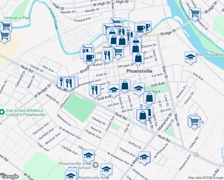 map of restaurants, bars, coffee shops, grocery stores, and more near 347 Grover Street in Phoenixville