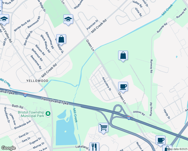 map of restaurants, bars, coffee shops, grocery stores, and more near 5702 Fleetwing Drive in Levittown