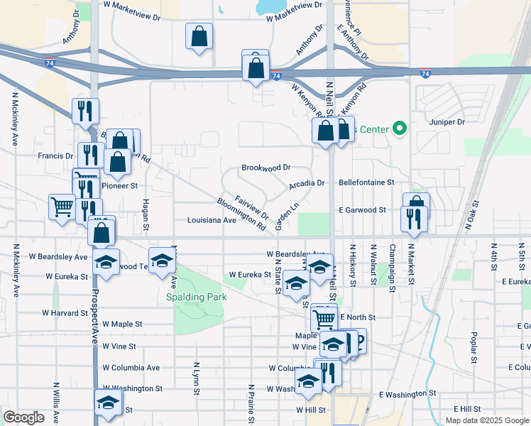 map of restaurants, bars, coffee shops, grocery stores, and more near 309 Fairview Drive in Champaign