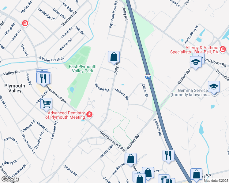 map of restaurants, bars, coffee shops, grocery stores, and more near 2 Malvern Road in Plymouth Meeting