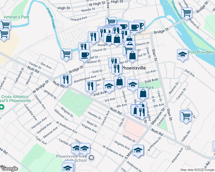 map of restaurants, bars, coffee shops, grocery stores, and more near 347 Grover Street in Phoenixville