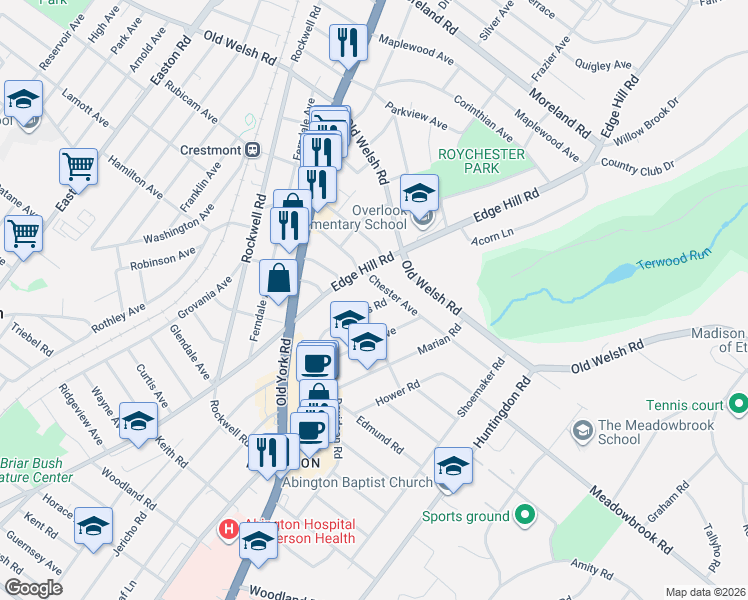 map of restaurants, bars, coffee shops, grocery stores, and more near 1578 Williams Road in Abington