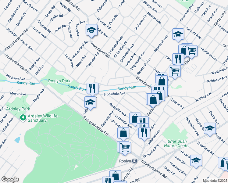 map of restaurants, bars, coffee shops, grocery stores, and more near 2537 Brookdale Avenue in Abington