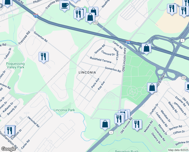 map of restaurants, bars, coffee shops, grocery stores, and more near 2611 Linconia Avenue in Trevose