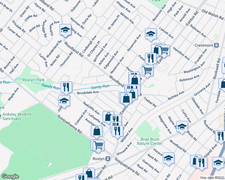 map of restaurants, bars, coffee shops, grocery stores, and more near 2463 Brookdale Avenue in Abington