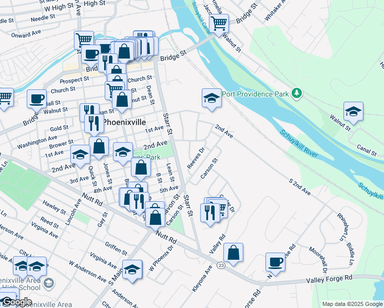 map of restaurants, bars, coffee shops, grocery stores, and more near 407 Park Drive in Phoenixville
