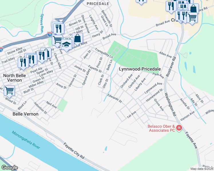 map of restaurants, bars, coffee shops, grocery stores, and more near 213 Otto Street in Belle Vernon