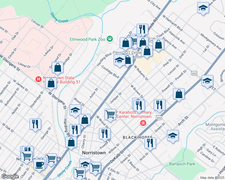 map of restaurants, bars, coffee shops, grocery stores, and more near 1443 Markley Street in Norristown
