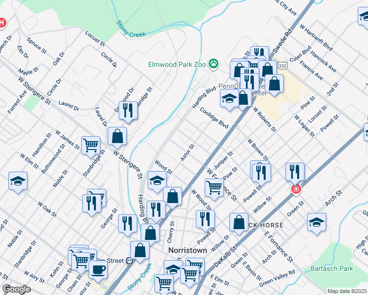 map of restaurants, bars, coffee shops, grocery stores, and more near 409 West Fornance Street in Norristown