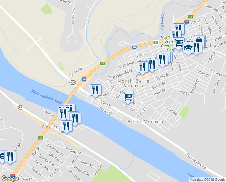 map of restaurants, bars, coffee shops, grocery stores, and more near 202 Market Street in Belle Vernon