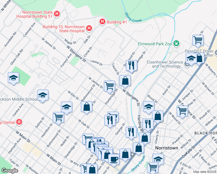 map of restaurants, bars, coffee shops, grocery stores, and more near 1011 Stanbridge Street in Norristown