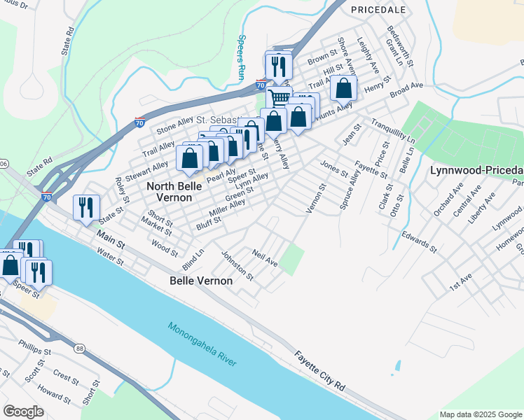 map of restaurants, bars, coffee shops, grocery stores, and more near 603 Blind Lane in Belle Vernon