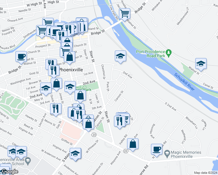 map of restaurants, bars, coffee shops, grocery stores, and more near 407 Park Drive in Phoenixville