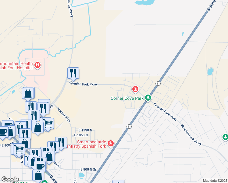 map of restaurants, bars, coffee shops, grocery stores, and more near 2619-2643 South State Street in Spanish Fork