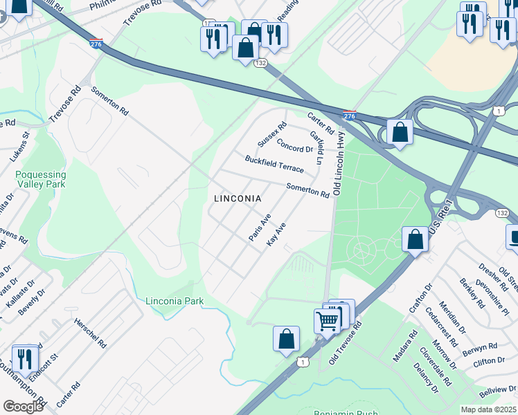 map of restaurants, bars, coffee shops, grocery stores, and more near 2611 Linconia Avenue in Trevose