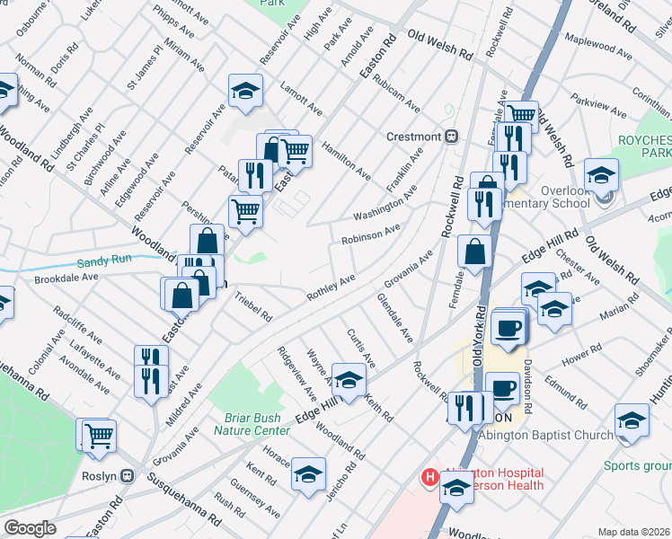 map of restaurants, bars, coffee shops, grocery stores, and more near 1424 Rothley Avenue in Willow Grove