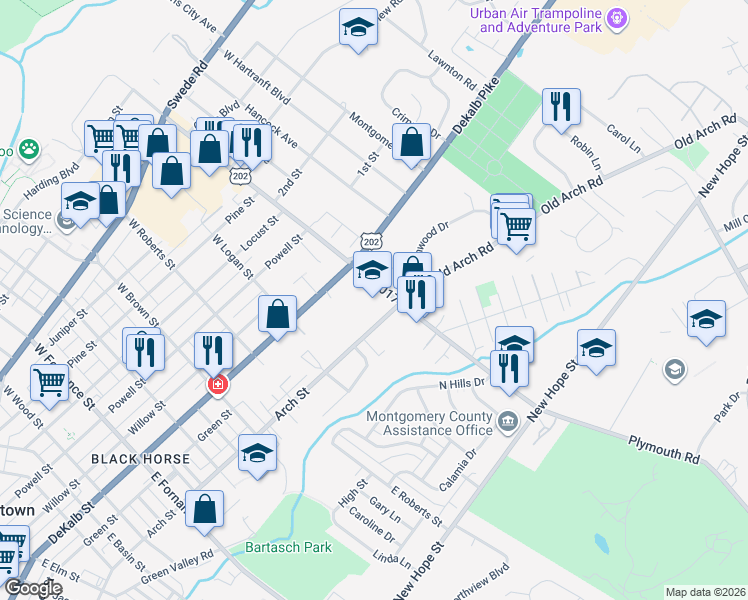 map of restaurants, bars, coffee shops, grocery stores, and more near 1830 Arch Street in Norristown