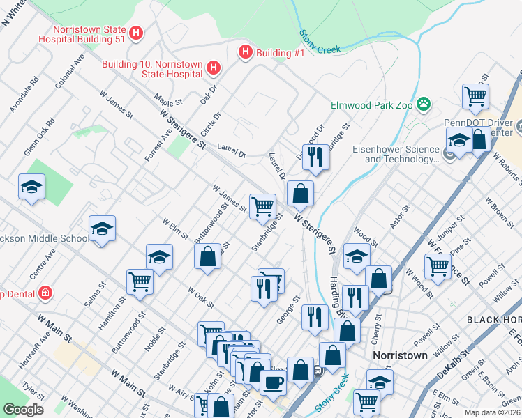 map of restaurants, bars, coffee shops, grocery stores, and more near 1011 Stanbridge Street in Norristown