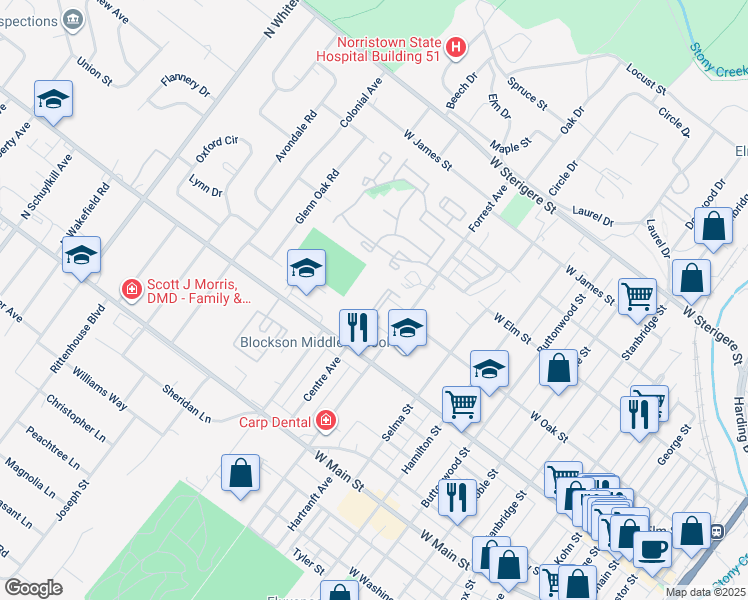 map of restaurants, bars, coffee shops, grocery stores, and more near 205 Centre Avenue in Eagleville