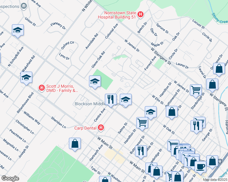 map of restaurants, bars, coffee shops, grocery stores, and more near 205 Centre Avenue in Eagleville