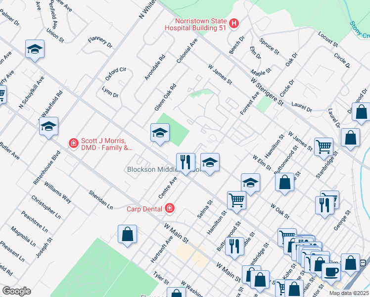 map of restaurants, bars, coffee shops, grocery stores, and more near 205 Centre Avenue in Eagleville