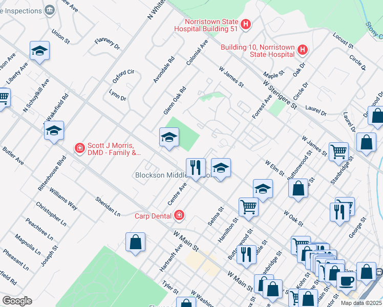 map of restaurants, bars, coffee shops, grocery stores, and more near 205 Centre Avenue in Eagleville