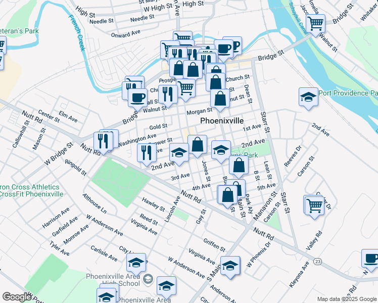 map of restaurants, bars, coffee shops, grocery stores, and more near 324 Gay Street in Phoenixville