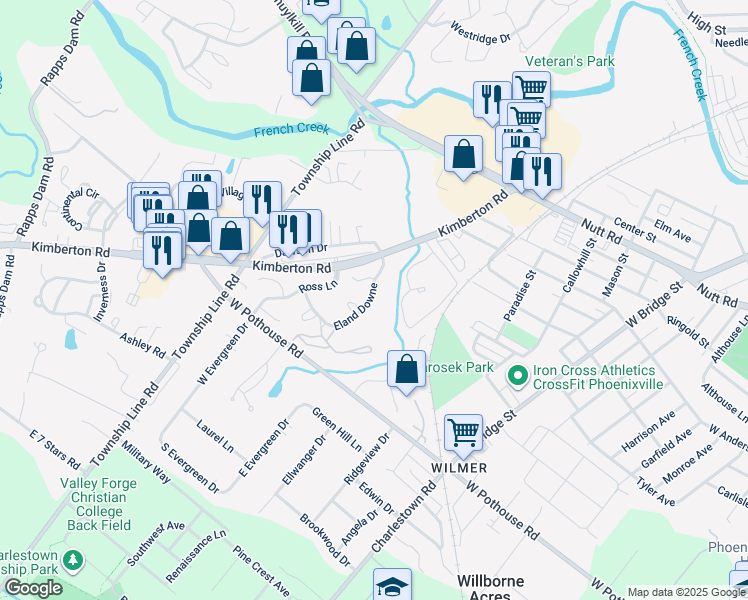 map of restaurants, bars, coffee shops, grocery stores, and more near 4302 Eland Downe in Phoenixville