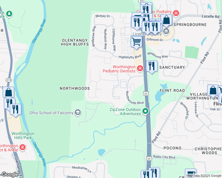 map of restaurants, bars, coffee shops, grocery stores, and more near in Columbus