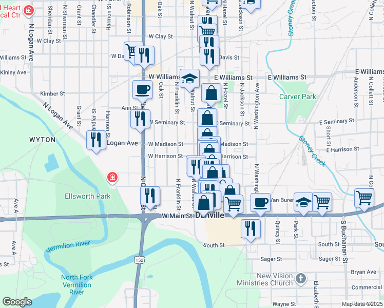 map of restaurants, bars, coffee shops, grocery stores, and more near 100-198 N Walnut St in Danville
