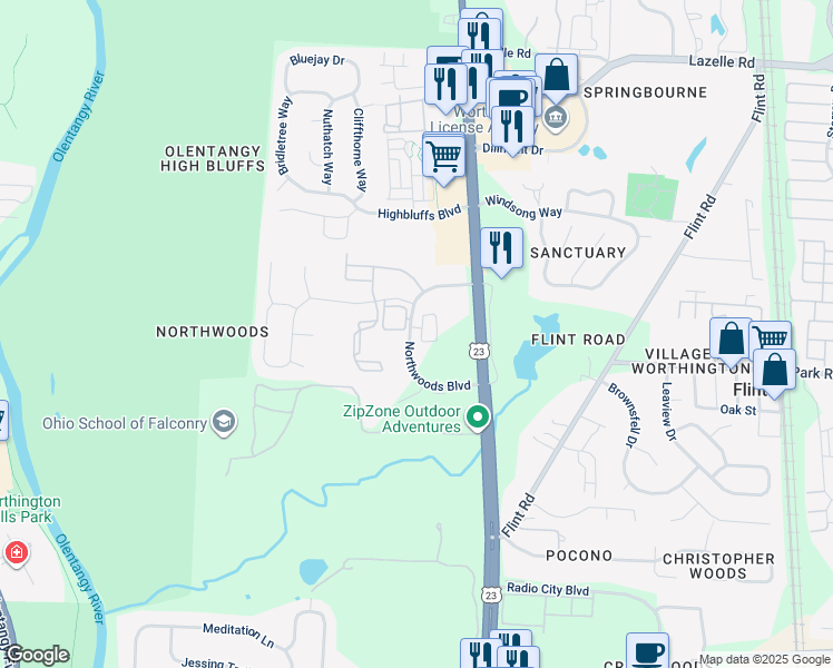 map of restaurants, bars, coffee shops, grocery stores, and more near 107 Northwoods Boulevard in Columbus