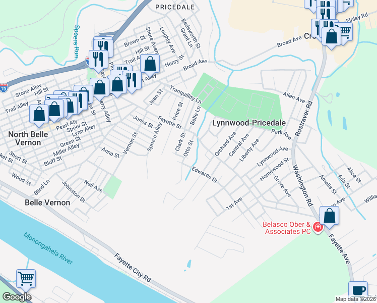 map of restaurants, bars, coffee shops, grocery stores, and more near 213 Otto Street in Belle Vernon