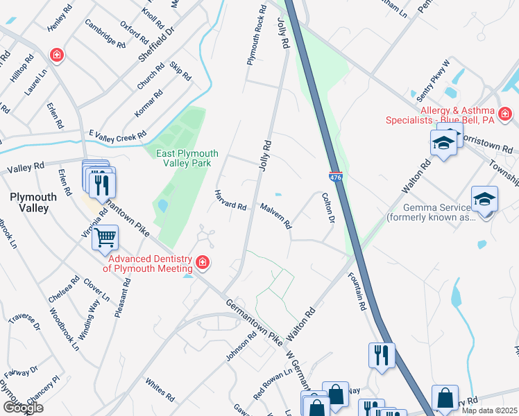 map of restaurants, bars, coffee shops, grocery stores, and more near 2 Malvern Road in Plymouth Meeting