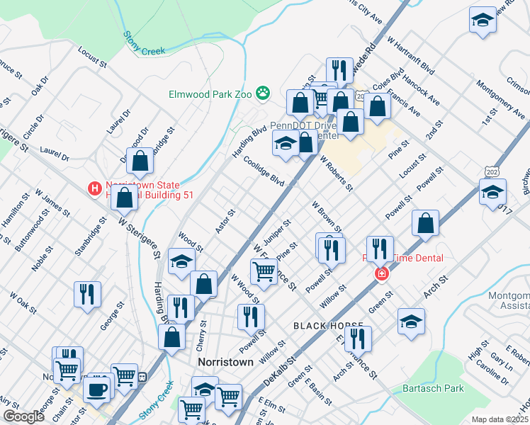 map of restaurants, bars, coffee shops, grocery stores, and more near 1441 Markley Street in Norristown