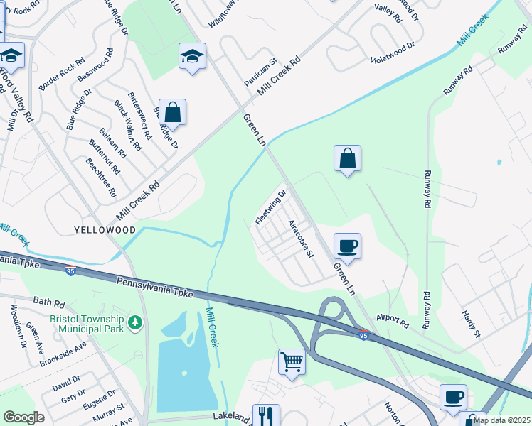 map of restaurants, bars, coffee shops, grocery stores, and more near 5723 Fleetwing Drive in Levittown