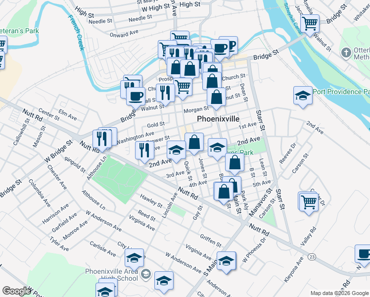 map of restaurants, bars, coffee shops, grocery stores, and more near 324 Gay Street in Phoenixville