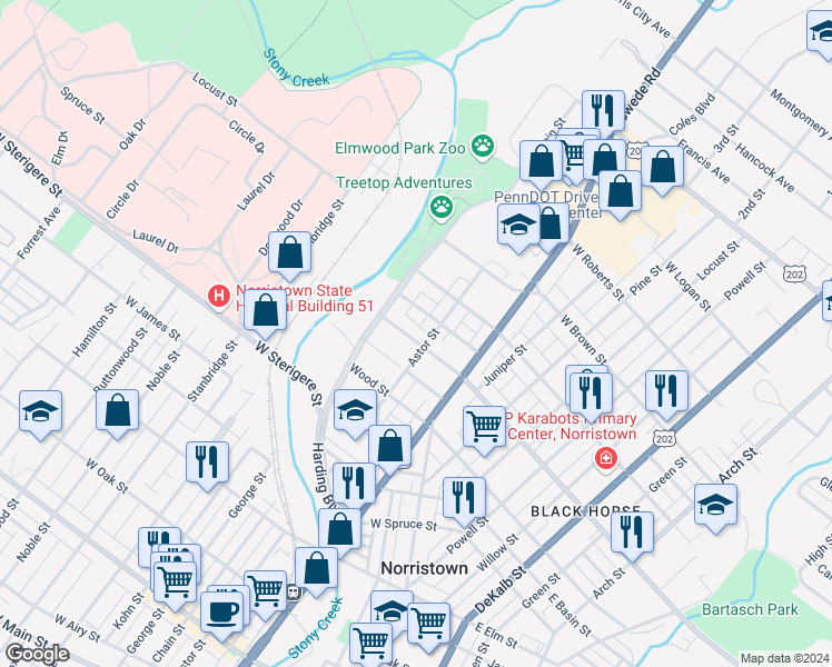 map of restaurants, bars, coffee shops, grocery stores, and more near 409 West Fornance Street in Norristown