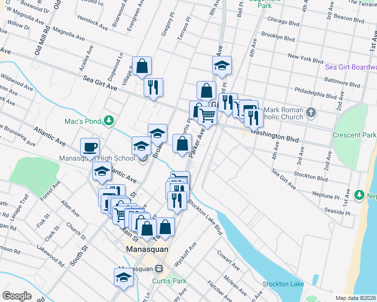 map of restaurants, bars, coffee shops, grocery stores, and more near 224 Parker Avenue in Manasquan